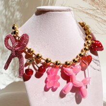 manbara 时髦珠宝创意粉色项链树脂熊杯爱心热糖果链项链吊坠优雅女士颈链颈饰情人节、妈妈、母亲、母亲节、礼物