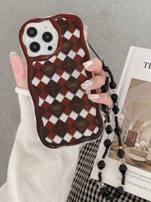 格纹手机壳奶油色纹理波浪边网格图案蝴蝶结装饰手机壳配有手工串珠手链适用于 XR/7/8 - 彩色 - 查看 1