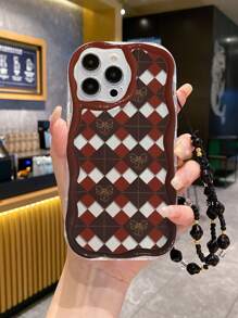 格纹手机壳奶油色纹理波浪边网格图案蝴蝶结装饰手机壳配有手工串珠手链适用于 XR/7/8 - 彩色 - 查看 2