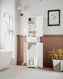 Hzuaneri Mueble de baño, gabinete de almacenamiento con 1 cajón y 2 puertas, estante ajustable, gabinete alto y estrecho para sala de estar, dormitorio, cocina, pasillo, blanco