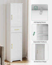 Hzuaneri Mueble de baño, gabinete de almacenamiento con 1 cajón y 2 puertas, estante ajustable, gabinete alto y estrecho para sala de estar, dormitorio, cocina, pasillo, blanco