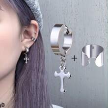 2 件套，不锈钢十字架吊坠耳环和耳夹，简约风格，女士夏季日常耳饰珠宝配饰 - 耳環套裝 款式-1 - 查看 7