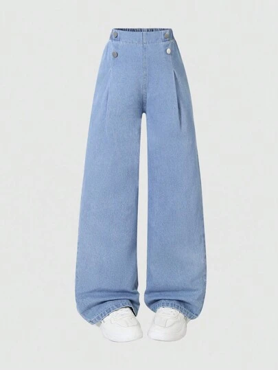 1件 少女休闲优雅阔腿直筒铆钉纽扣时尚蓝色牛仔裤