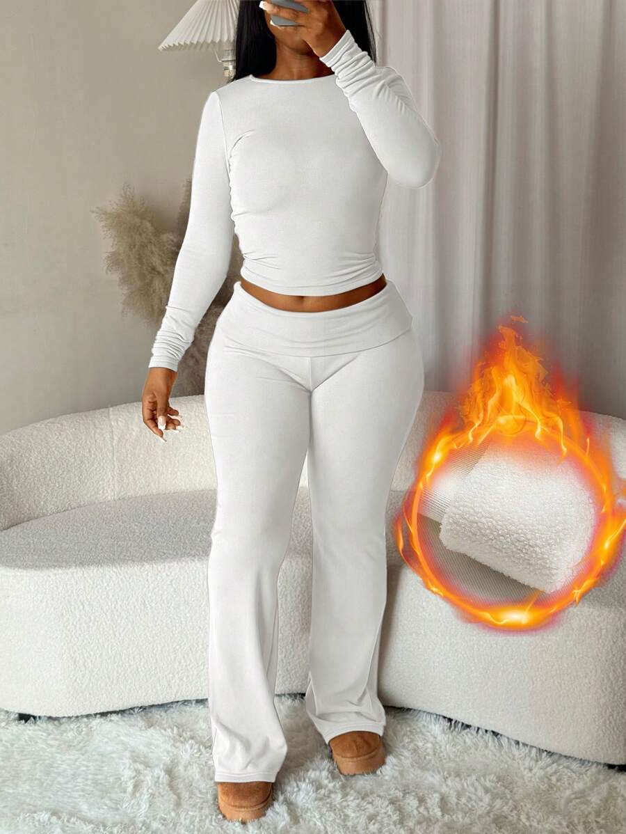 纯色圆领长袖简约上衣和裤子薄款羊毛休闲套装，秋冬 - 白色 - 查看 1