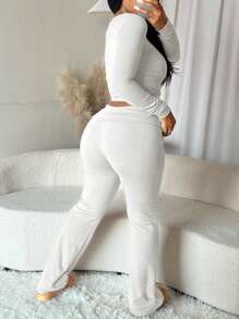 纯色圆领长袖简约上衣和裤子薄款羊毛休闲套装，秋冬 - 白色 - 查看 2