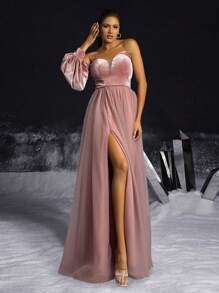 VIPGIRL 优雅 A 字型单肩天鹅绒和薄纱高开叉礼服，露肩天鹅绒设计，优雅派对，女士舞会礼服，正式晚礼服长袖婚礼宾客礼服，适合毕业典礼、晚宴 - 粉色 - 查看 1