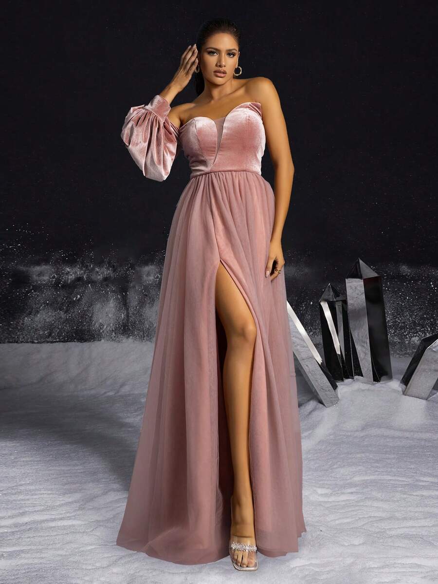 VIPGIRL 优雅 A 字型单肩天鹅绒和薄纱高开叉礼服，露肩天鹅绒设计，优雅派对，女士舞会礼服，正式晚礼服长袖婚礼宾客礼服，适合毕业典礼、晚宴 - 粉色 - 查看 1