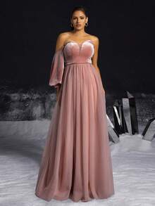 VIPGIRL 优雅 A 字型单肩天鹅绒和薄纱高开叉礼服，露肩天鹅绒设计，优雅派对，女士舞会礼服，正式晚礼服长袖婚礼宾客礼服，适合毕业典礼、晚宴 - 粉色 - 查看 4