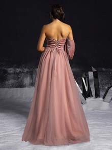 VIPGIRL 优雅 A 字型单肩天鹅绒和薄纱高开叉礼服，露肩天鹅绒设计，优雅派对，女士舞会礼服，正式晚礼服长袖婚礼宾客礼服，适合毕业典礼、晚宴 - 粉色 - 查看 2