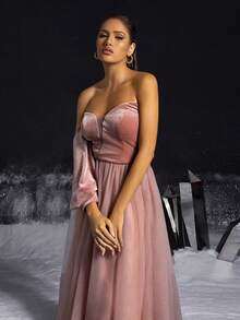 VIPGIRL 优雅 A 字型单肩天鹅绒和薄纱高开叉礼服，露肩天鹅绒设计，优雅派对，女士舞会礼服，正式晚礼服长袖婚礼宾客礼服，适合毕业典礼、晚宴 - 粉色 - 查看 6