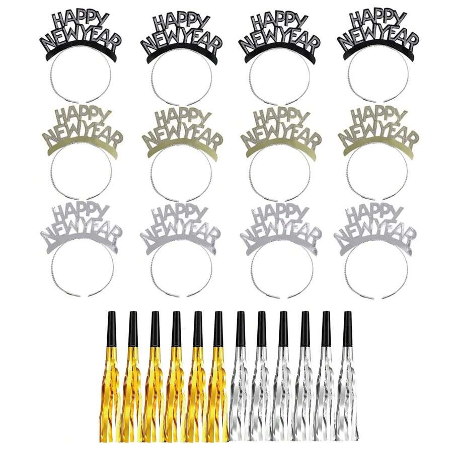 6pcs/12pcs/24 Pieces New Years Eve Party Supplies 2025, Happy New Year Headband Tiara, Metallic Fringed Noise Makers Gold Sliver For Adults
