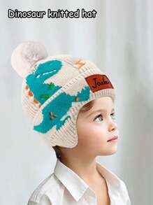 1pc Custom Embroidered Name Knitted Hat, Custom Cartoon Children's Knitted Hat, Boys Dinosaur Knitted Hat, Personalized Hat For Kid, New Style Little Dinosaur Cartoon Cute Boy Baby Knitted Hat Autumn And Winter Children's Girl Windproof Wool Hat, Gifts, Winter Gifts, New Year Gifts, Children's Gifts, Birthday Gifts Back To School Winter Gift Ideas Boy Girl Valentine's Day - Multicolor - View 3