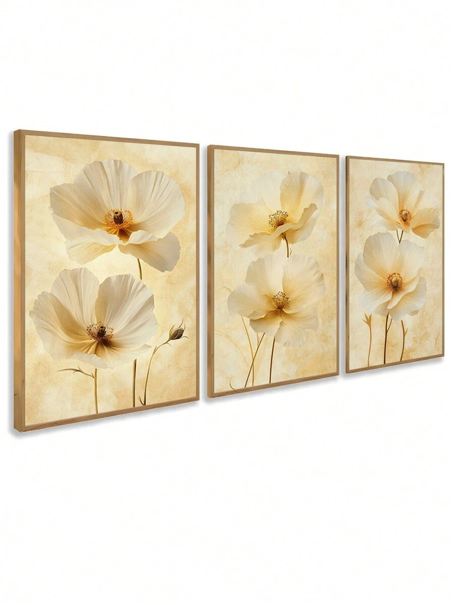 Kit 3 Decorative Frames Realistic Yellow Flowers Modern Plants For Bedroom Living Room Hall - 摩卡棕 - 查看 1