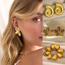 1 par/2 peças de brincos vintage de aço inoxidável em formato de flor, brincos de estrela-do-mar com pingente de concha e gota d'água banhados a ouro 18K, joias femininas em ouro grosso resistentes ao desbotamento, ideais para férias, casamentos, uso diário, presentes e Dia dos Namorados. - brincos de aço inoxidável - Ver 2