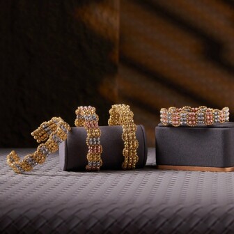 dazzdelic 2入組手工編織金色和多色銅珠波浪線開口手鐲戒指組，適用於女士日常佩戴，女性禮物