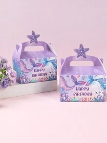 4件紫色美人魚生日禮物盒，美人魚主題生日派對裝飾禮物包裝盒，嬰兒洗禮裝飾，派對禮物包裝盒，美人魚裝飾派對伴手禮生日禮物 - 彩色 - 查看 3