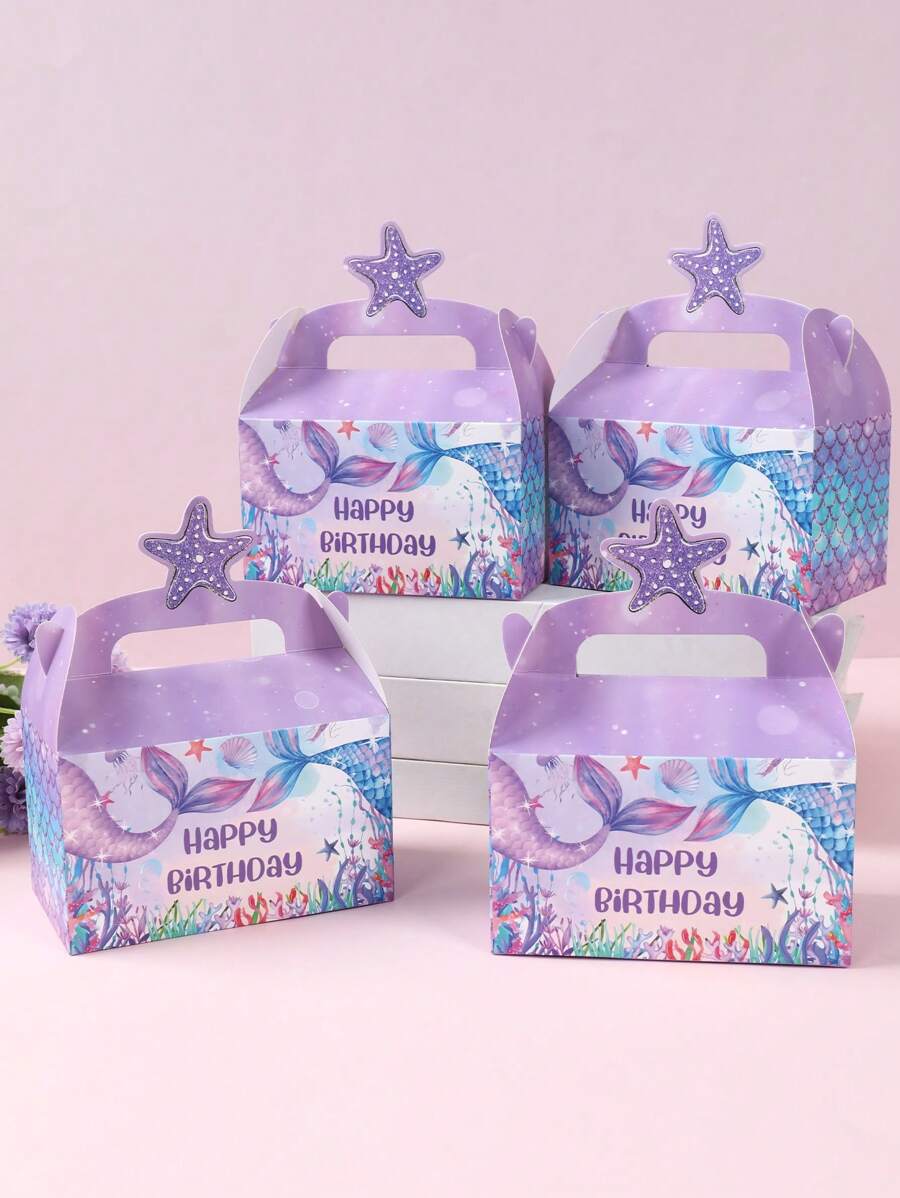 4件紫色美人魚生日禮物盒,美人魚主題生日派對裝飾禮物包裝盒,嬰兒洗禮裝飾,派對禮物包裝盒,美人魚裝飾派對伴手禮生日禮物 - 彩色 - 查看 1