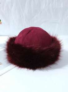 1pc Mongolian Thermal Lined Faux Fur Warm Winter Fur Hat, Fashionable Bucket Hat Suitable For Cold Days, Daily, Casual And Outdoor Wear - Burgundy - View 7