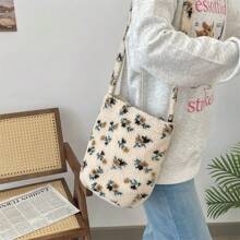 Plush Bucket Bag Crossbody For Women, Retro Plaid Color Block, Large Capacity, Fall/Winter New Arrival