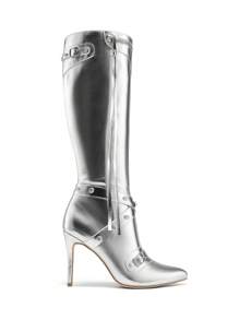 Women Punk Gothic Stiletto Heeled Knee-High Boots, Thigh High Pointed Toe Side Zipper Motorcycle Boots Sexy Party Prom Dress Boots With Rivets Tassels - 銀色 - 查看 6