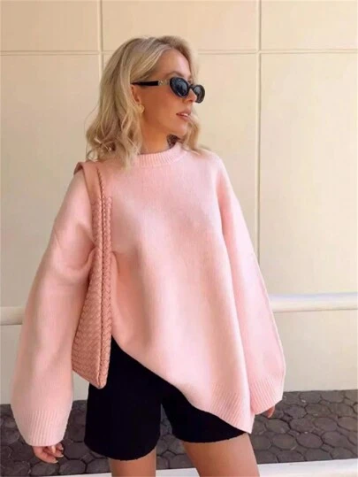 Women's Fashionable Long Sleeve Knitted Base Layer, Soft & Cozy Loose Fit Warm Sweater, Autumn/Winter New Arrival