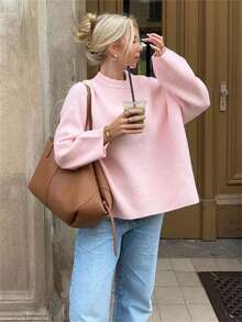 Women's Fashionable Long Sleeve Knitted Base Layer, Soft & Cozy Loose Fit Warm Sweater, Autumn/Winter New Arrival - Pink - View 2