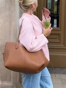 Women's Fashionable Long Sleeve Knitted Base Layer, Soft & Cozy Loose Fit Warm Sweater, Autumn/Winter New Arrival - Pink - View 4