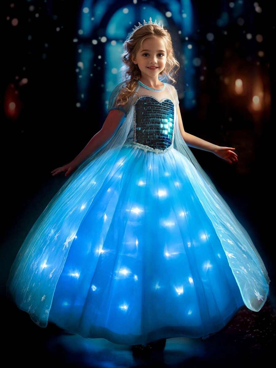 UPORPOR Princess Dress Girls Halloween Light Up Princess Costume, Dress Up Clothes (Battery Not Included) - 藍色 - 查看 1