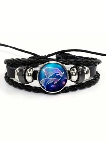 suteyi 1 chiếc vòng tay bện bằng da PU cổ điển đính đá quý, vòng tay thủ công tượng trưng cho 12 cung hoàng đạo. - màu đen - Xem 15