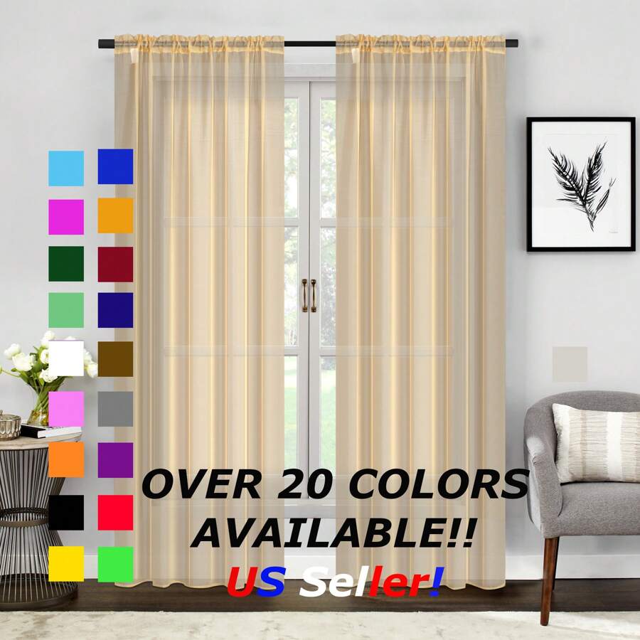 Two (2) Sheer Window Curtains Panels - Drapes Set Multiple Lengths (63", 84", 95", 108", 120" L) Rod Pocket Solid Colors - Taupe - View 1