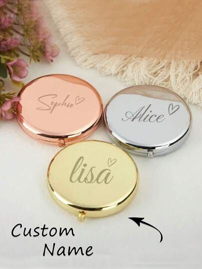 1 pieza Espejo de vanidad personalizado de metal dorado grabado para mujer, regalo de dama de honor, espejo compacto doble - Espejo de maquillaje para el Día de la Madre, accesorios de almacenamiento personalizado, atuendo vintage