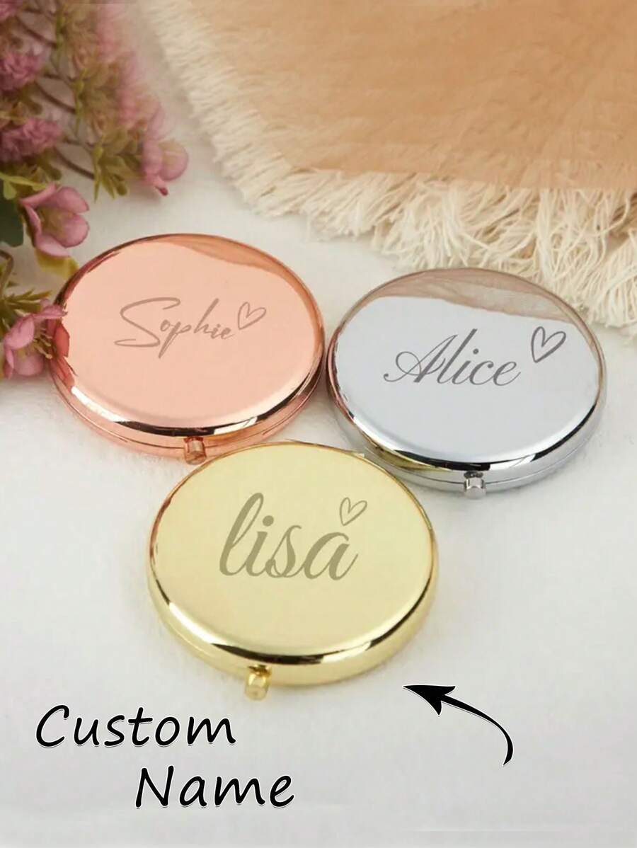 1pc Personalized Women's Golden Metal Engraved Wedding Bridesmaid Gift Vanity Mirror, Proposal Gift, Double Compact Mirror - Mother's Day Makeup Mirror - Gold - View 1