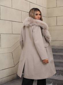 Giolshon Women's Long Coat With Large Fur Collar, Back Slit Design, And Lining, Suitable For Autumn And Winter Wear - Beige - View 2