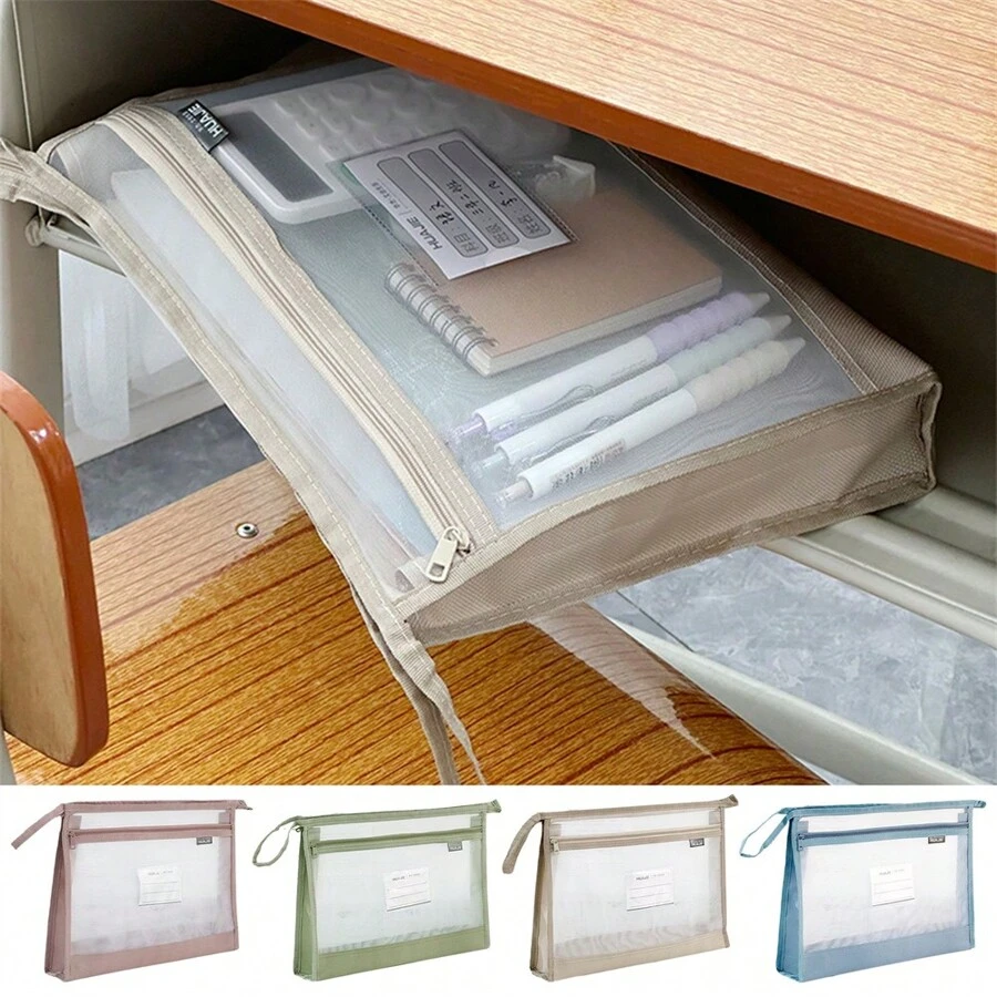 Túi đựng hồ sơ lưới trong suốt khổ A4 có khóa kéo đôi dành cho học sinh, dung tích lớn, túi đựng đồ học tập - Màu be - Xem 1