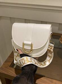 女士纯色绗缝半圆形马鞍包，磁扣，可调节肩带，休闲街头风格迷你钱包 - 白色 - 查看 11