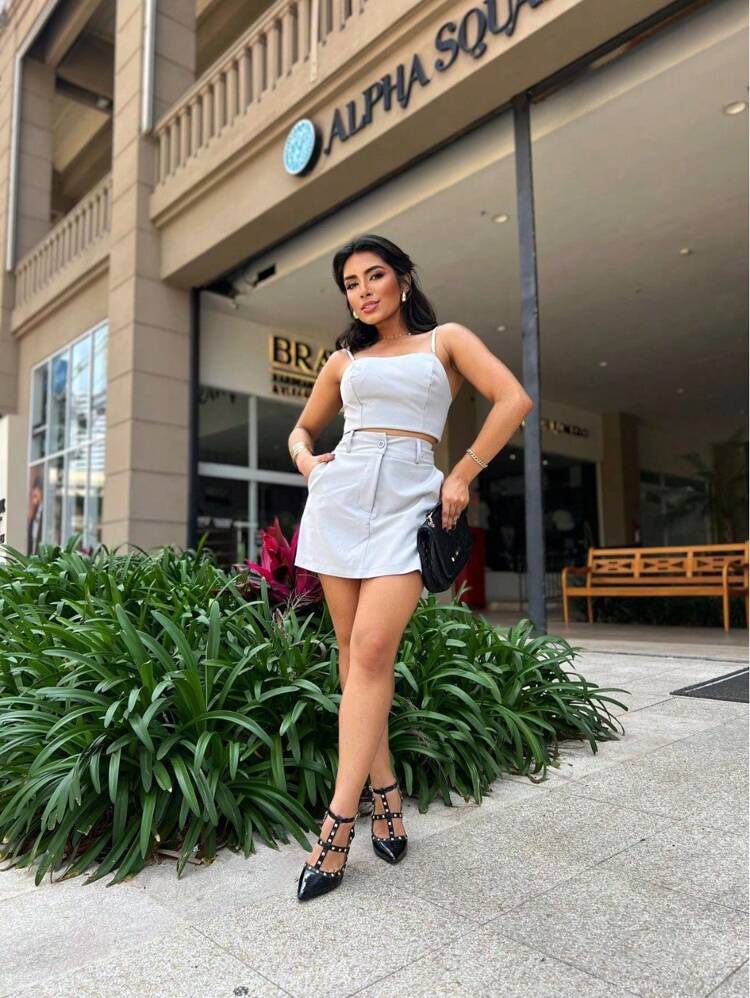 Women's Set With Cropped Top, Vest With Padded Cups And Straps And Short Skirt In Dominique Fabric - Light Grey - View 5