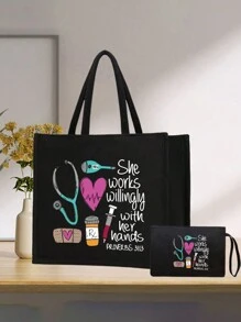 一套护士主题手提包和化妆包，休闲风格，布料材质，固定肩带，印有听诊器、心形、注射器、体温计图案，“她喜欢动手工作” - 黑色 - 查看 7