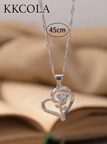 KKCOLA 1 件时尚锆石心形和玫瑰花装饰项链、珠宝派对礼物、流行日常配饰 - 金黃色 - 查看 5