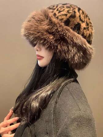 1pc Women's Leopard Print Knitted Mongolian Hat, Thick Warm Hat, Atmosphere Hat, Plush Hat, Knitted Hat, Suitable For Daily Use, Outdoor Travel, Hiking, Beach Vacation