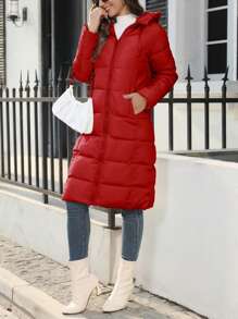 Women's Long Puffer Jacket Autumn Winter Warm Quilted Coat Long Sleeve Zip Up Jacket Fall Outerwear With Hood Streetwear Y2K Long Cardigan Hoodies - 紅色 - 查看 7