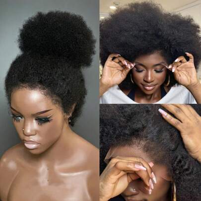 逼真的非洲卷发，带 4C 卷发边缘，13x4 蕾丝前部假发，180% 密度卷发假发，适合女性，真人发假发，透明蕾丝，适合所有皮肤，预拔和预漂白，适合日常和派对