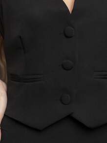 Solid Vest Button Front No Tube Top - 黑色 - 查看 4
