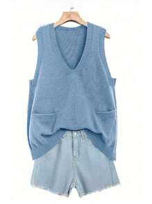 Women's Autumn/Winter Y2K Casual Sleeveless V-Neck Pullover Knit Top, Lightweight And Comfortable, Suitable For Casual, Daily, Date, Halloween, Christmas, Thanksgiving, Holiday, Back To School, Back To School Party, Birthday Party - Baby Blue - View 4
