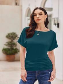 OUTBALL Women's Solid Short Sleeve Boat Neck Dolman Top With Side Shirring Casual Loose Fit T-Shirt - 孔雀藍 - 查看 3