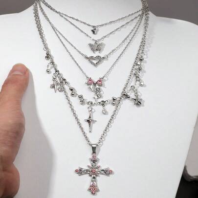 5pcs Set Fashionable Crystal Layered Butterfly & Cross Necklace, Vintage Pentagram Pendant Choker For Women