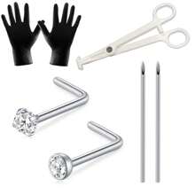 Nose Piercing Kit,2Pcs 20G Nose Rings Studs L Shape,2Pcs Stainless Steel Piercing Needles,1 Pair Gloves,1pc Piercing Clamp Piercing Kit For Women Men - Steel - View 1