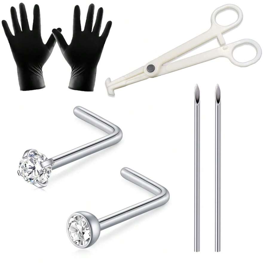 Nose Piercing Kit,2Pcs 20G Nose Rings Studs L Shape,2Pcs Stainless Steel Piercing Needles,1 Pair Gloves,1pc Piercing Clamp Piercing Kit For Women Men - Steel - View 1
