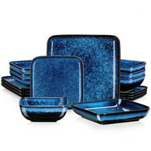 vancasso 16 Pcs Porcelain Dinnerware Set, Square Plate And Bowl, Dinner Plate, Dessert Plate, Soup Plate And Bowl Set For 4 Person, Blue Set - Blue - View 2