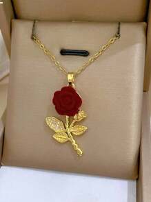 1 pieza Collar de flor de rosa de acero inoxidable, collar gargantilla de lujo con decoración de cristal completo y delicado Charm para mujeres, sin caja de regalo para el Día de San Valentín - collar - Ver 16