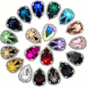 20 件 10x14 毫米泪珠彩色玻璃水晶纽扣、手工缝纫爪链边纽扣、DIY 头饰、服装、鞋子和包包缝纫配件